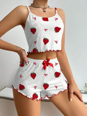 Strawberry Print Camisole And Shorts Pajamas Set White