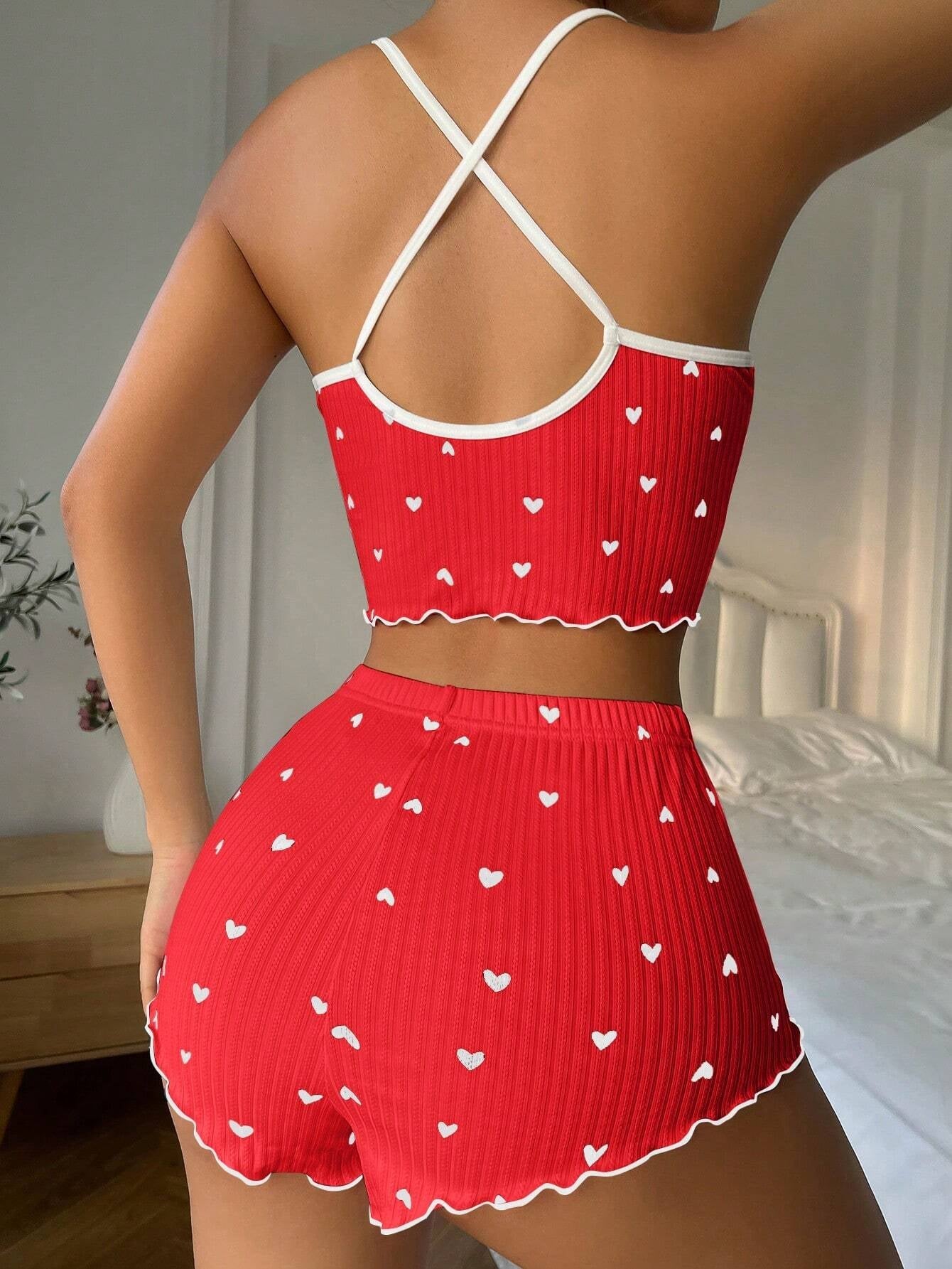 Heart Printed Bow Front Camisole Shorts Cross Back Pajama Set Red