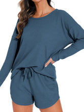Waffle Knit Women's Pajamas Casual Set Wearable Loungewear Blue