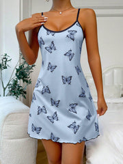 Butterfly Print Contrast Corset Butterfly Print Sexy Wearable Halter Nightgowns Skyblue