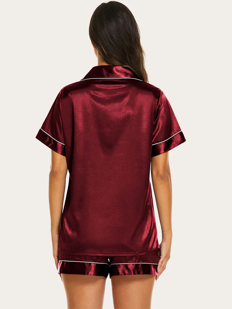 Threaded Solid Color Short Sleeve Shorts Casual Lapel Loungewear Set DarkRed