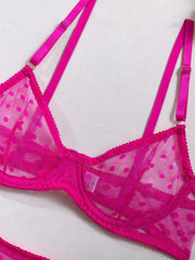 Sexy Polka Dot Half Cup Ultra Thin See Through Lingerie Set HotPink