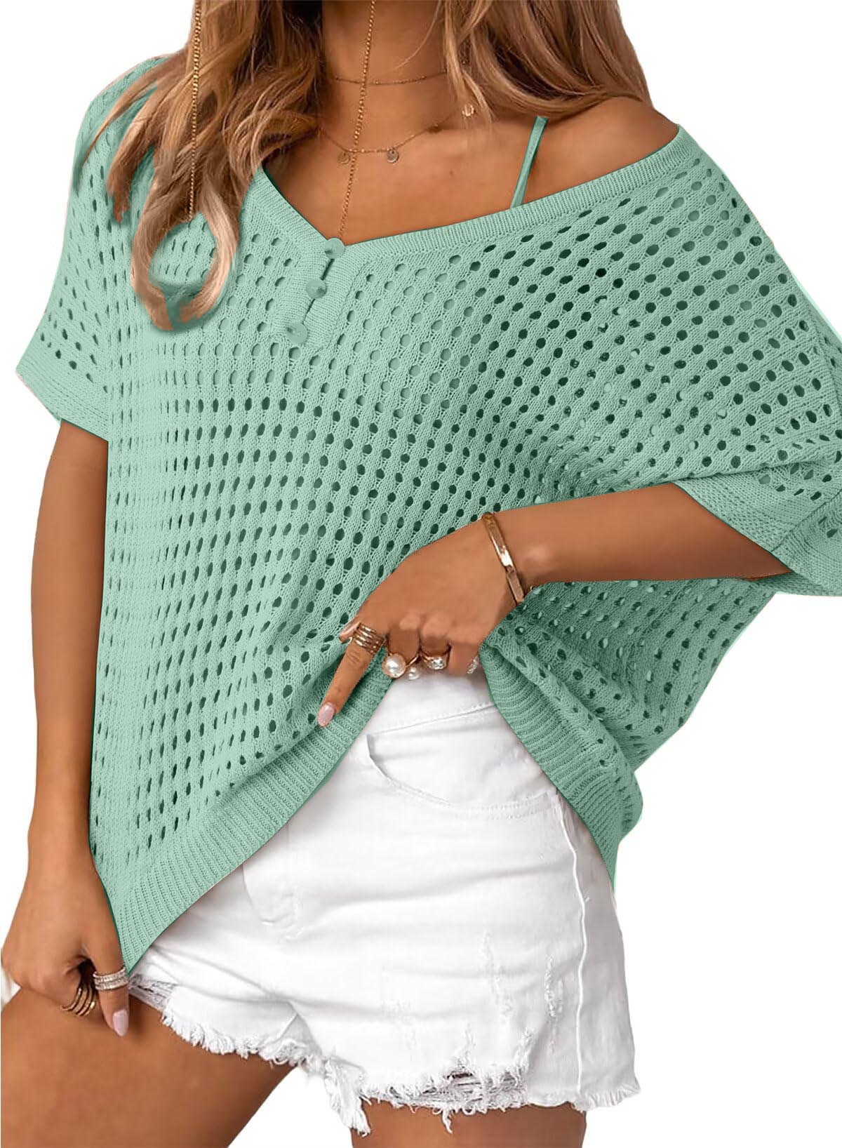 ✨Womens Summer V Neck Short Sleeve Button Down Sweater Casual Crochet Hollow Out Knit Tops Beach Coverup (Buy 2 Free Shipping!!!)
