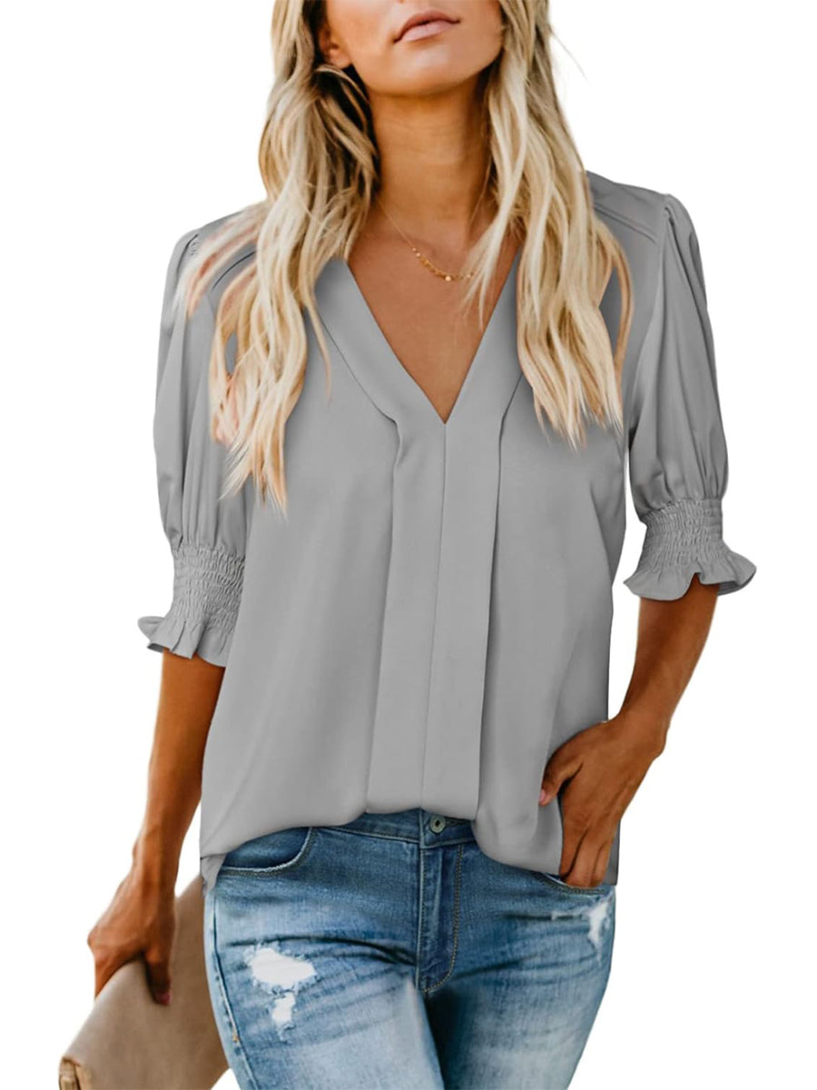 ✨Women's V Neck Dressy Puff Ruffle Blouse Casua Short Sleeve Tops(BUY 2 FREE SHIPPING)
