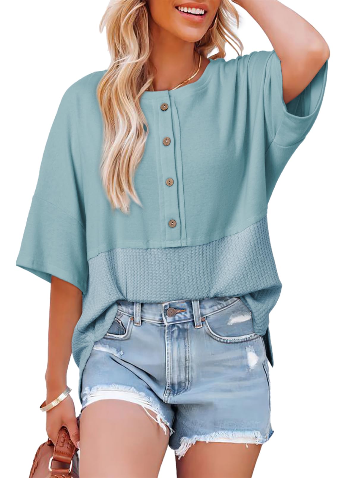 ✨Women's 3/4 Sleeve Casual Button Down Waffle Knit Tops(buy 2 free shipping)