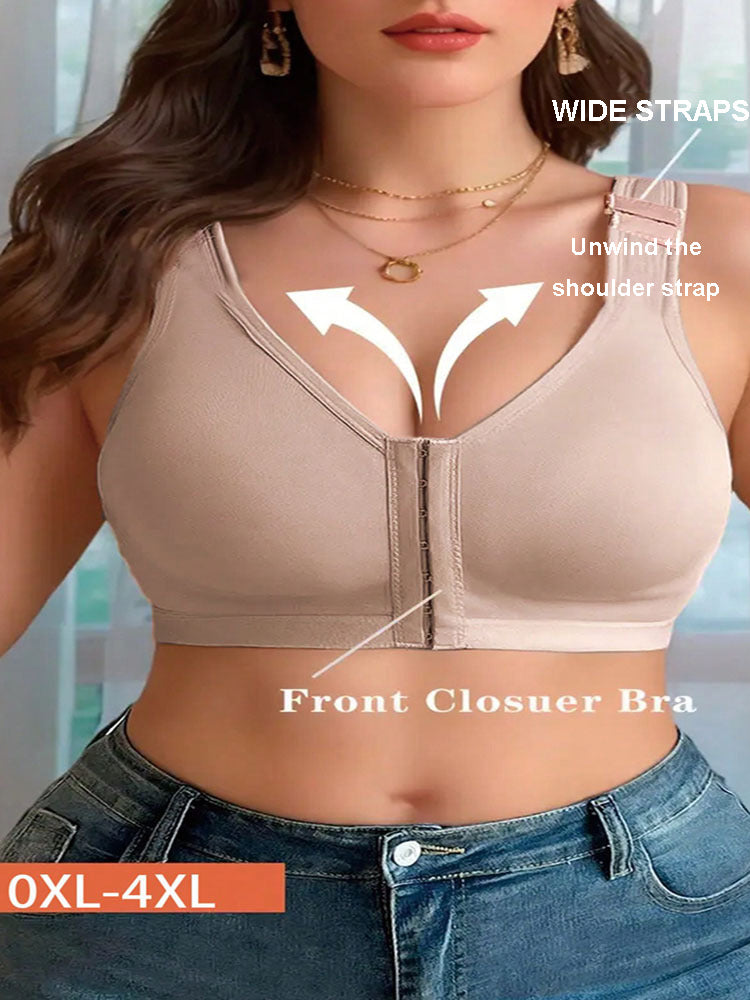 Front-Clasp Plus-Size Wireless Unlined Bra with Pure Color and Delicate Details