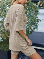 Fashionable Ribbed Knitted T-shirt Shorts Pajamas Home Clothes 2-piece Set Linen
