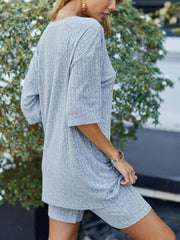 Fashionable Ribbed Knitted T-shirt Shorts Pajamas Home Clothes 2-piece Set LightCyan