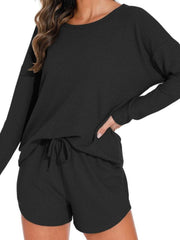 Waffle Knit Women's Pajamas Casual Set Wearable Loungewear Black