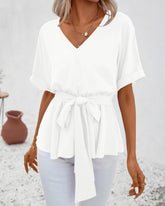 ✨Womens V Neck Blouse Short Sleeve Belted Casual T-Shirts Basic Tee Tops