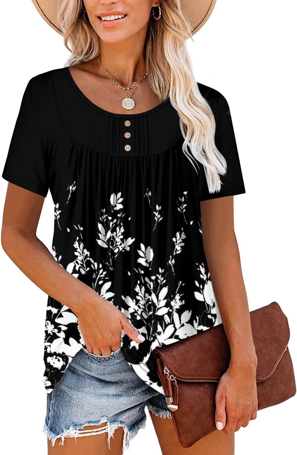 ✨Women's Summer Printed Pleated Crew Neck Tee (Buy 3 Free Shipping)