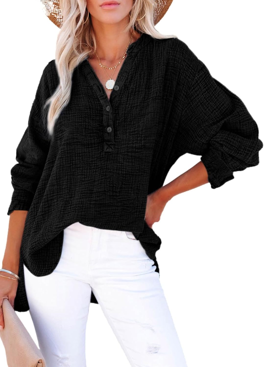 ✨Womens Casual Gauze Button Neck Long Sleeve Oversized BlousesTops(BUY 2 FREE SHIPPING)