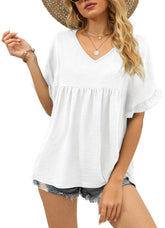 ✨Womens Tops Casual V Neck Ruffle Sleeve T Shirts Babydoll Loose Fit Peplum Tops