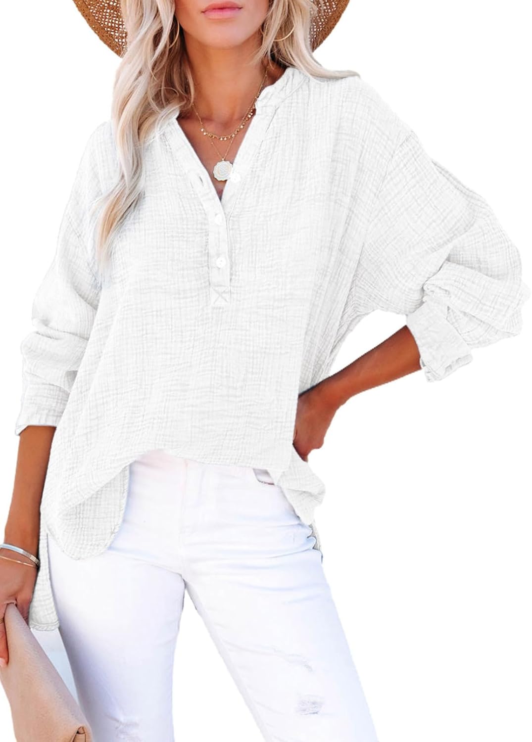 ✨Womens Casual Gauze Button Neck Long Sleeve Oversized BlousesTops(BUY 2 FREE SHIPPING)