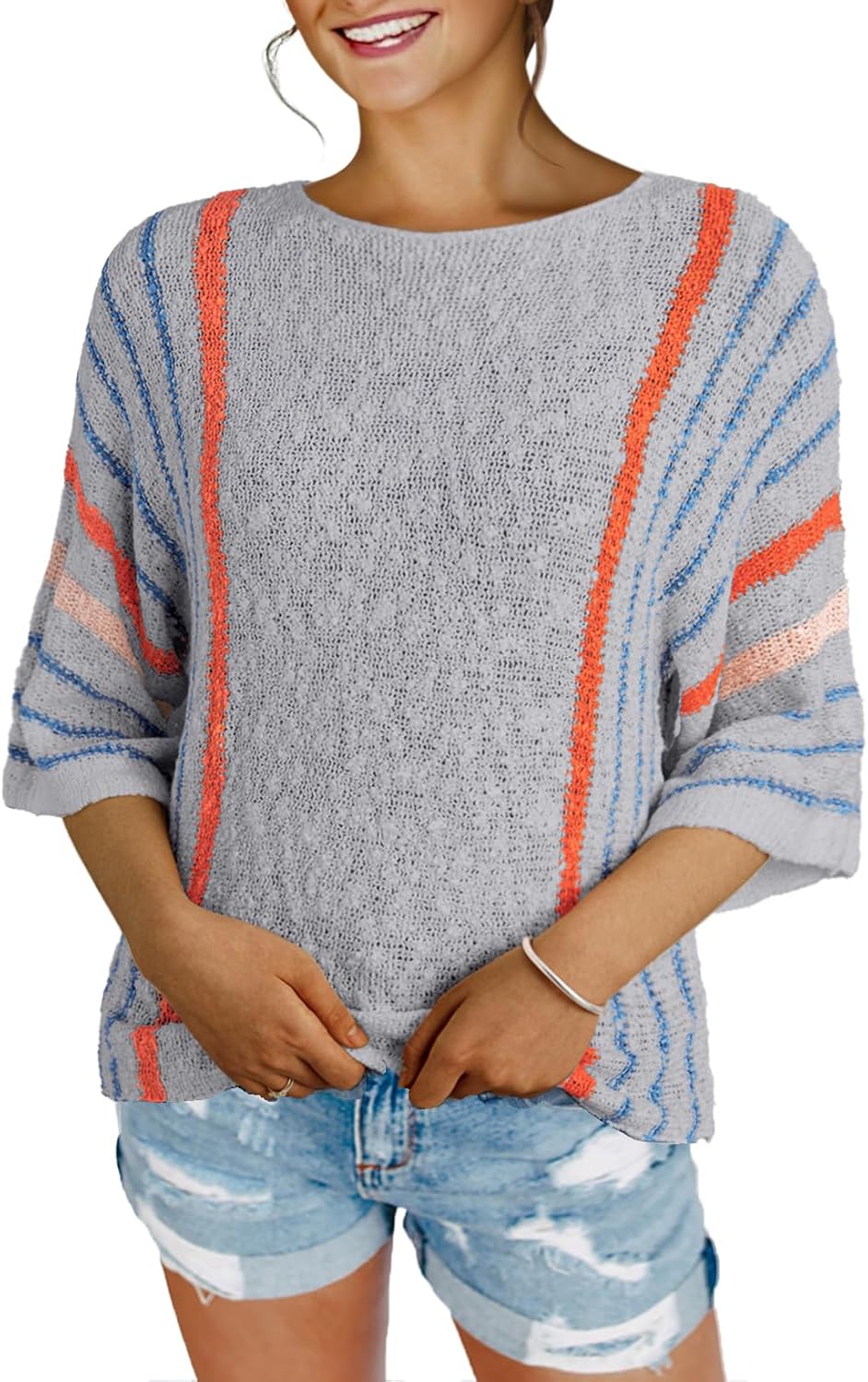 ✨Hot Sale-Women's Casual Color Block Striped Cable Knit Boho Sweater(Buy 2 Free Shipping)