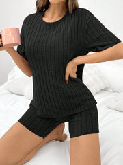 Women Solid Color Brushed Ribbed Loose Crew Neck Short Sleeve Top & Shorts Pajama Set Black