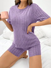 Women Solid Color Brushed Ribbed Loose Crew Neck Short Sleeve Top & Shorts Pajama Set Violet