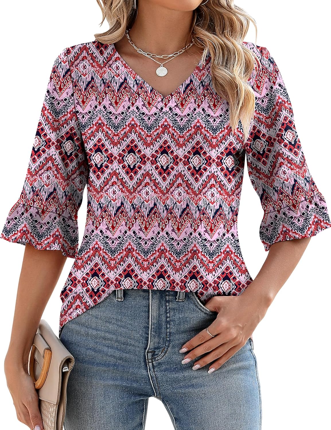 ✨Womens 3/4 Length Sleeve V-Neck Eyelet Casual Ruffle Sleeve Tunic Blouses(Buy 3 Free Shipping)