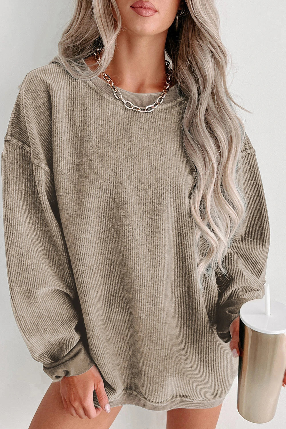 ✨ Women's Solid Color Ribbed Knit Round Neck Pullover Sweatshirt (Buy 2 Free Shipping)
