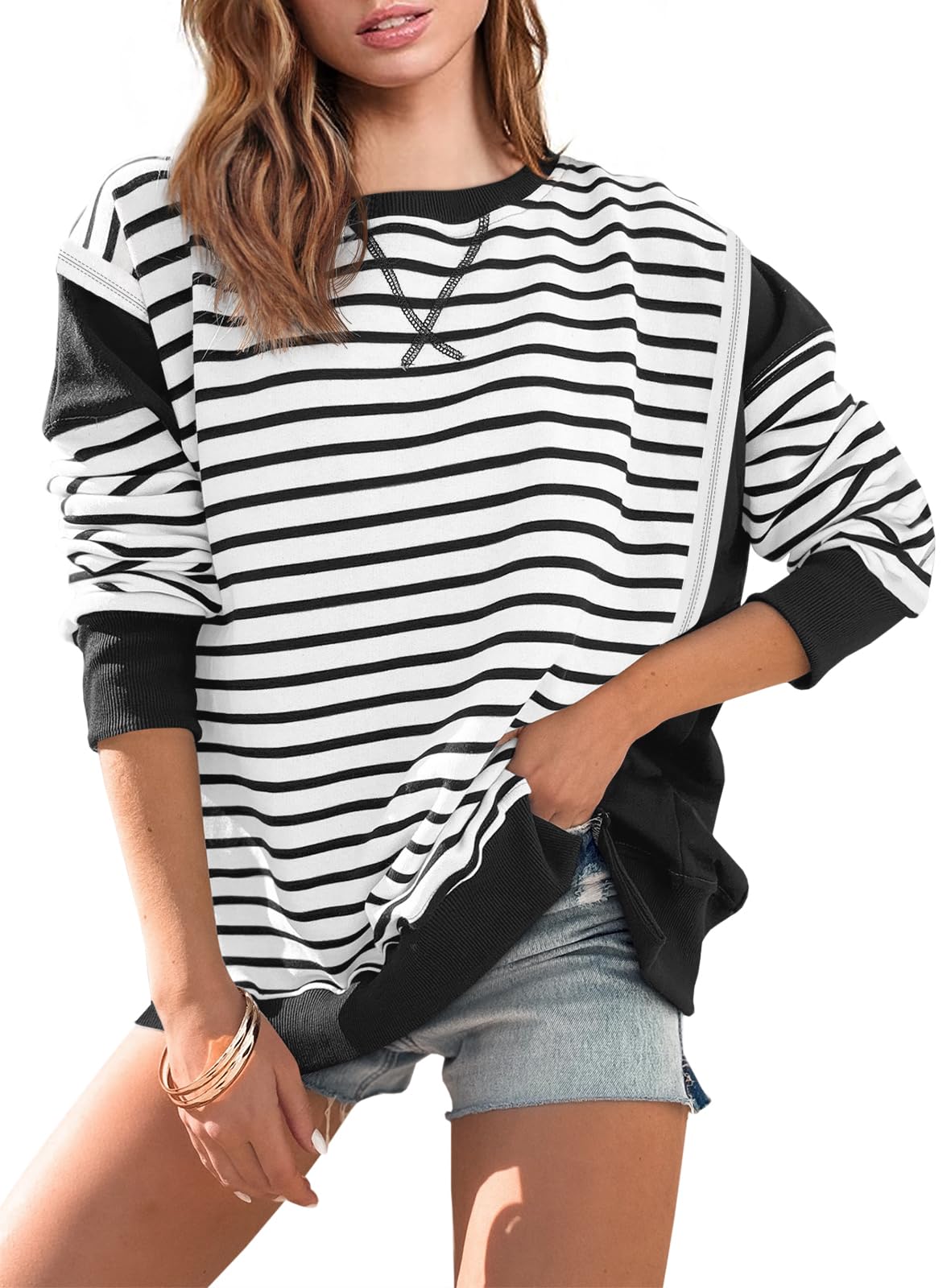 Striped Color Block Oversized Sweatshirt(Buy 2 Free Shipping)