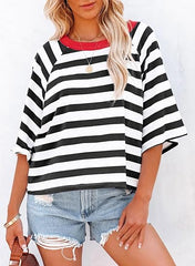 ✨Women's Cute Round Neck Striped Short Sleeve Casual Topb(BUY 3 FREE SHIPPING)