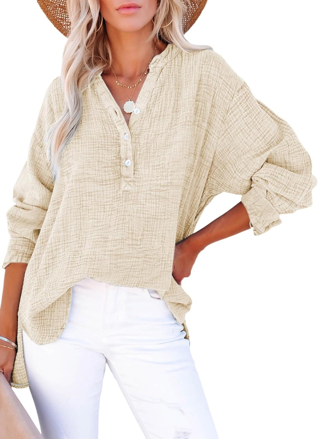 ✨Womens Casual Gauze Button Neck Long Sleeve Oversized BlousesTops(BUY 2 FREE SHIPPING)
