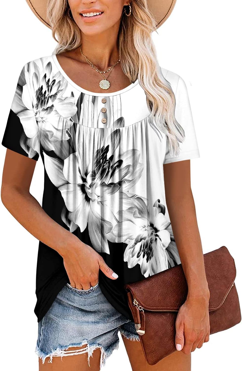 ✨Women's Summer Printed Pleated Crew Neck Tee (Buy 3 Free Shipping)