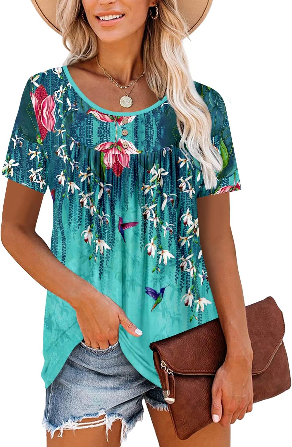✨Women's Summer Printed Pleated Crew Neck Tee (Buy 3 Free Shipping)