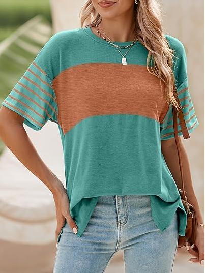 ✨Womens Oversized Crewneck Casual Color Block Striped Shirts Blouses(Buy 3 Free Shipping)