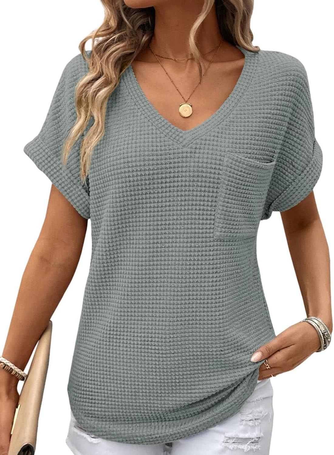 ✨Women's Oversized Waffle V Neck Short Sleeve Casual Top(BUY 2 FREE SHIPPING)