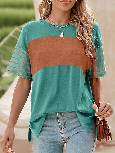 ✨Womens Oversized Crewneck Casual Color Block Striped Shirts Blouses(Buy 3 Free Shipping)