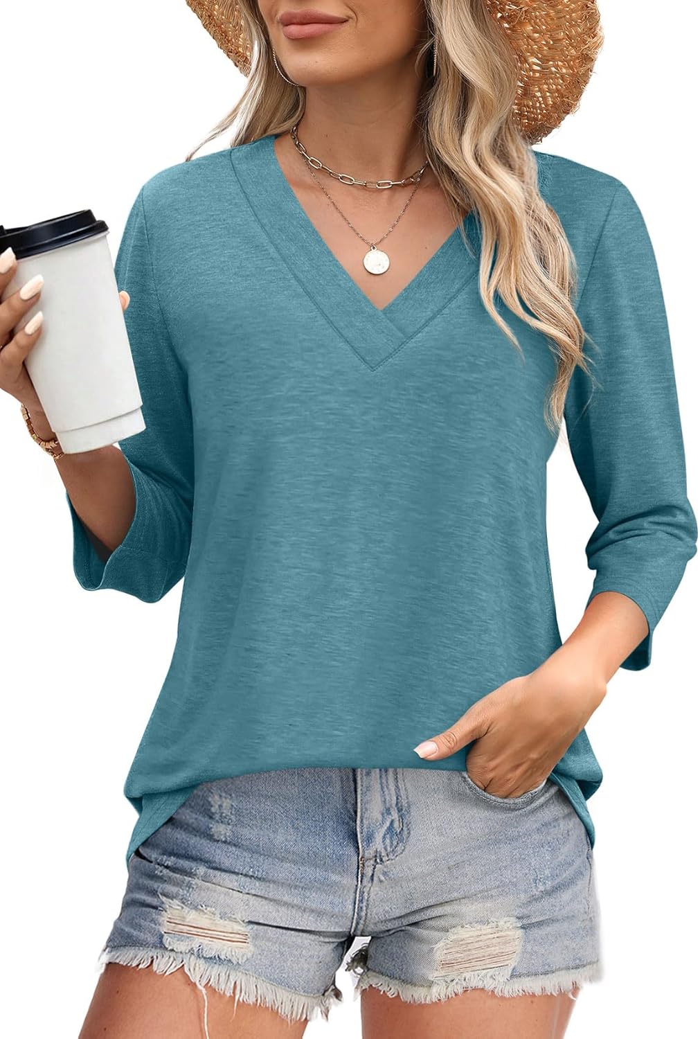 ✨Women's Trendy V Neck 3/4 Long Sleeve Tops Loose Fit Blouse (Buy 3 Free Shipping)