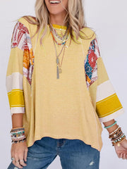 ✨Women's Casual Striped Floral Print Patchwork Oversized 3/4 Sleeve Top