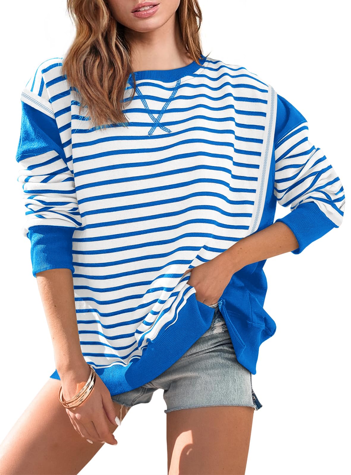 Striped Color Block Oversized Sweatshirt(Buy 2 Free Shipping)