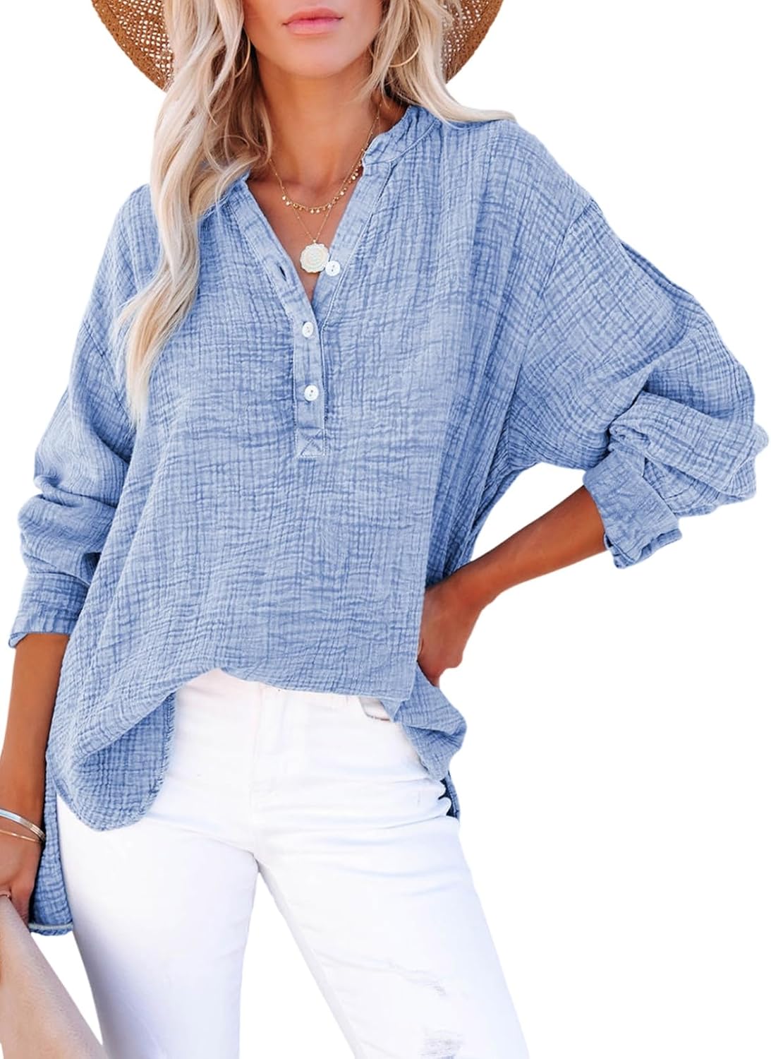 ✨Womens Casual Gauze Button Neck Long Sleeve Oversized BlousesTops(BUY 2 FREE SHIPPING)