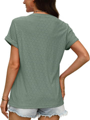 ✨Women's V Neck Eyelet Dressy Casual Basic Short Sleeve Tees