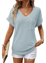✨Women's Oversized Waffle V Neck Short Sleeve Casual Top(BUY 2 FREE SHIPPING)