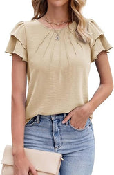 ✨Women’s Casual Blouses Ruffle Short Sleeve T Shirts Pleated Crew Neck Tops