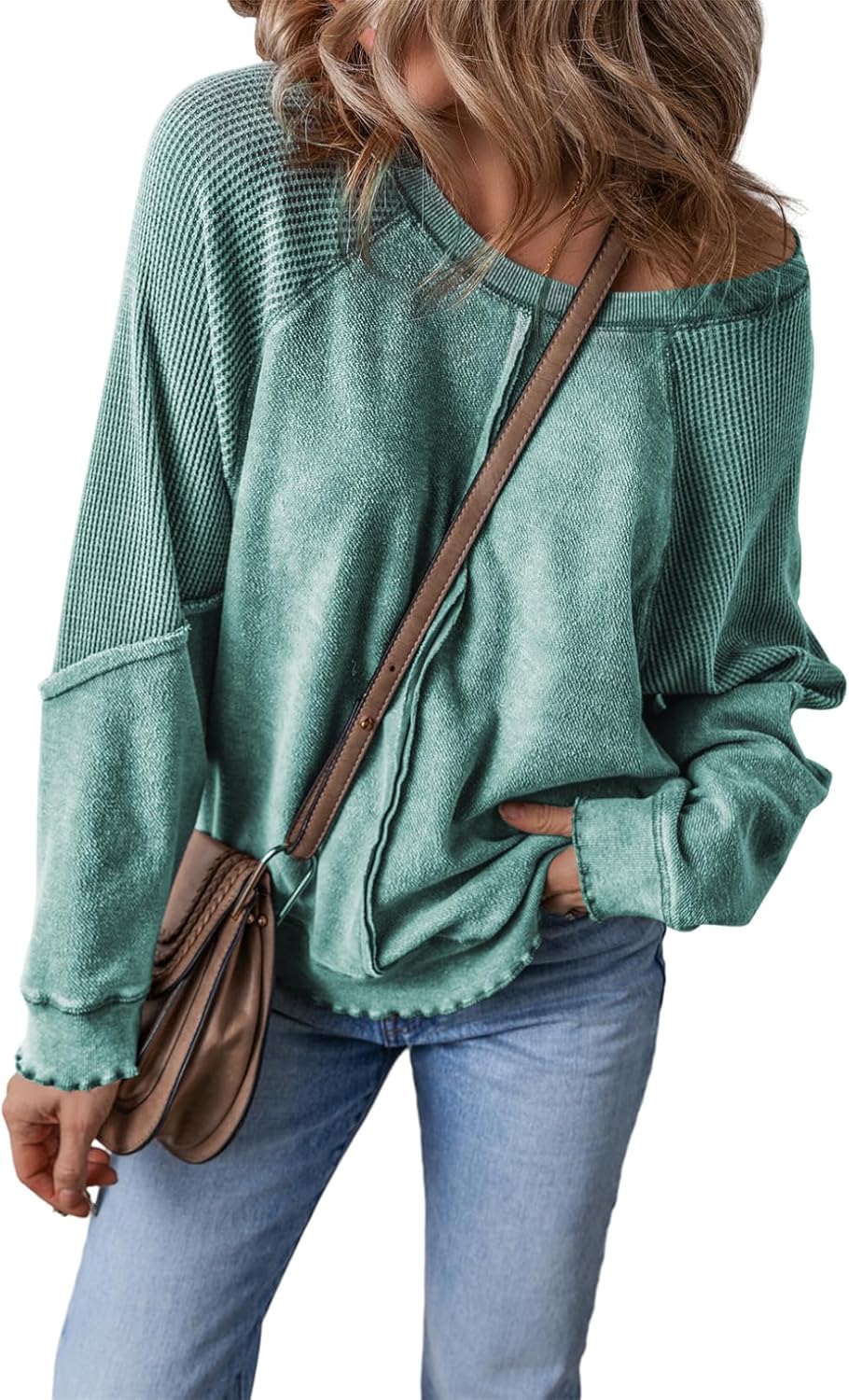 ✨Womens Crewneck Long Sleeve Waffle Knit Sweatshirt(BUY TWO FREE SHIPPING!!!)