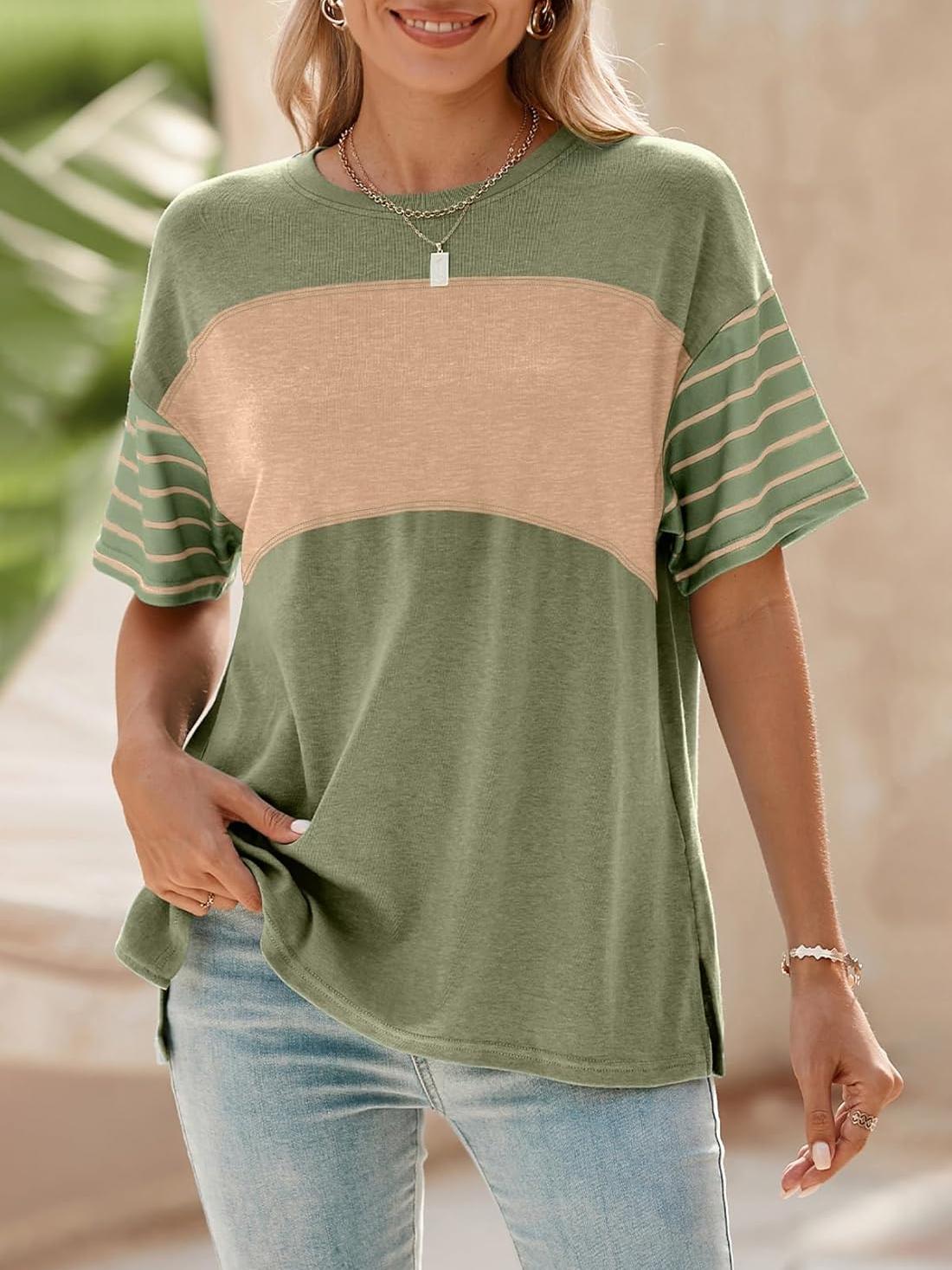 ✨Womens Oversized Crewneck Casual Color Block Striped Shirts Blouses(Buy 3 Free Shipping)