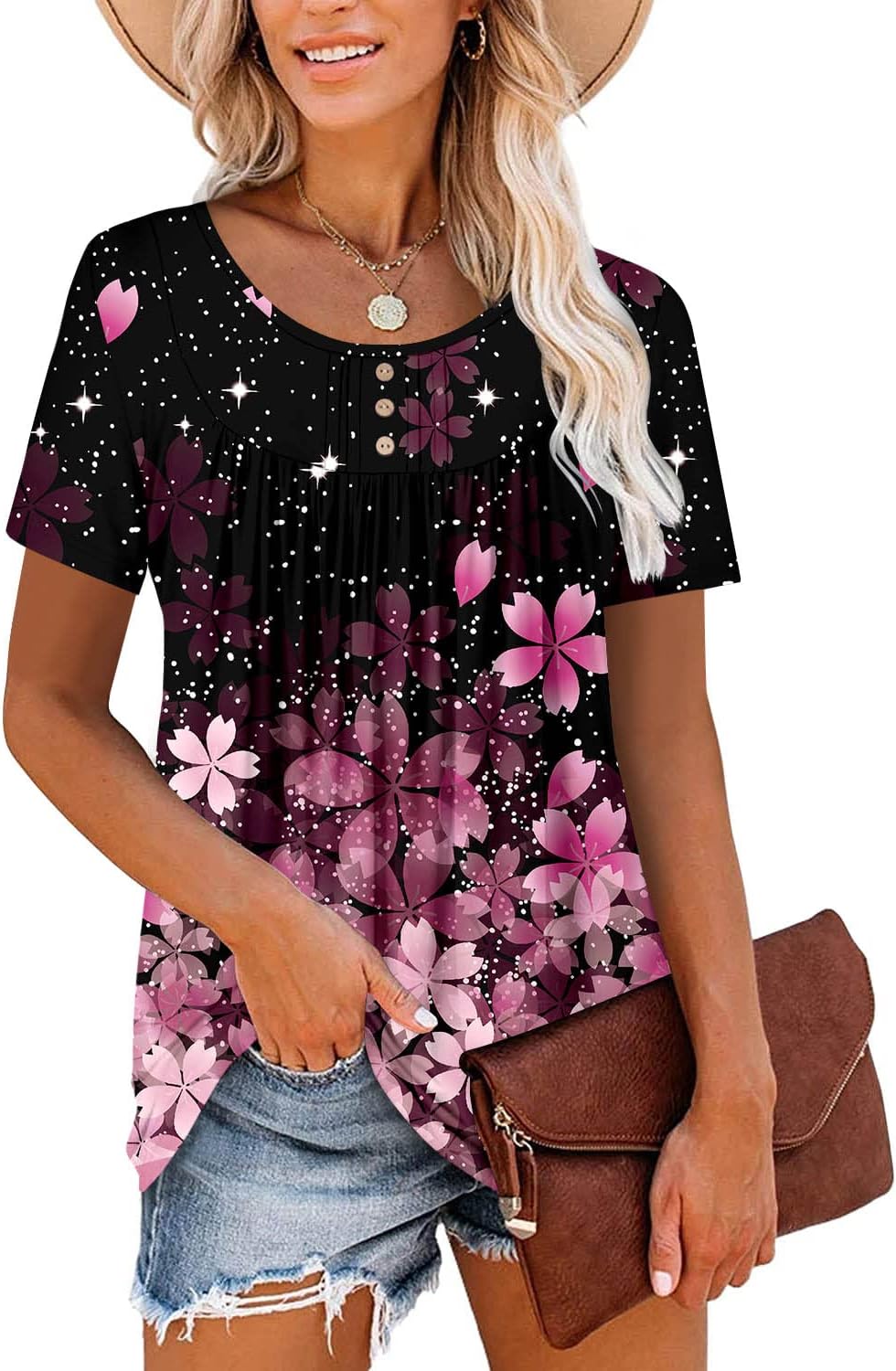 ✨Women's Summer Printed Pleated Crew Neck Tee (Buy 3 Free Shipping)