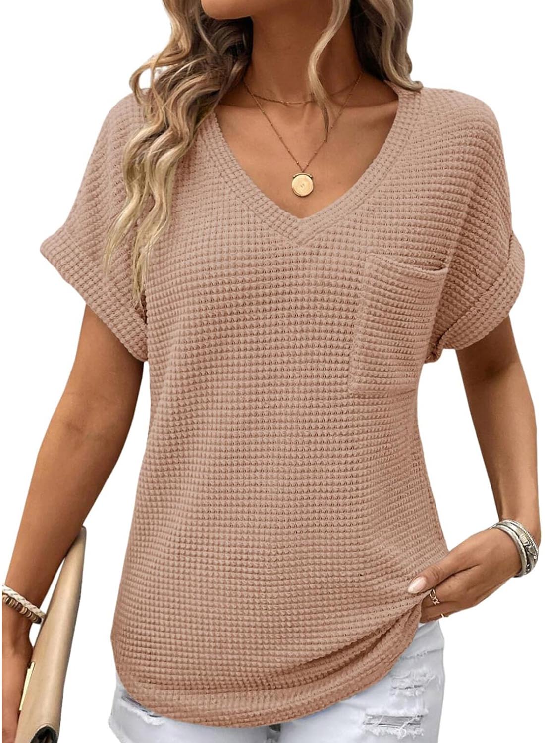✨Women's Oversized Waffle V Neck Short Sleeve Casual Top(BUY 2 FREE SHIPPING)