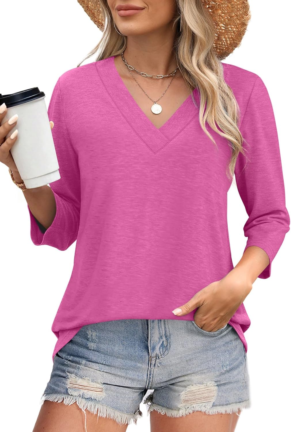 ✨Women's Trendy V Neck 3/4 Long Sleeve Tops Loose Fit Blouse (Buy 3 Free Shipping)