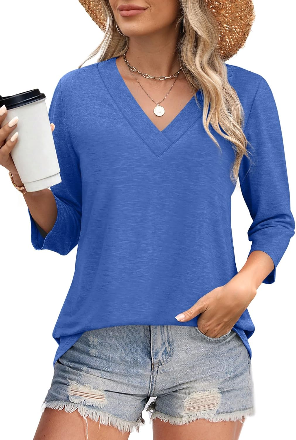 ✨Women's Trendy V Neck 3/4 Long Sleeve Tops Loose Fit Blouse (Buy 3 Free Shipping)