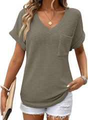 ✨Women's Oversized Waffle V Neck Short Sleeve Casual Top(BUY 2 FREE SHIPPING)