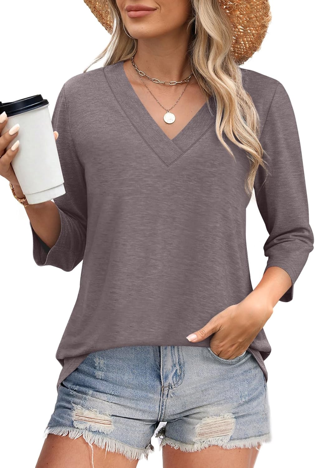 ✨Women's Trendy V Neck 3/4 Long Sleeve Tops Loose Fit Blouse (Buy 3 Free Shipping)