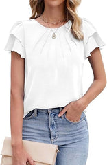 ✨Women’s Casual Blouses Ruffle Short Sleeve T Shirts Pleated Crew Neck Tops