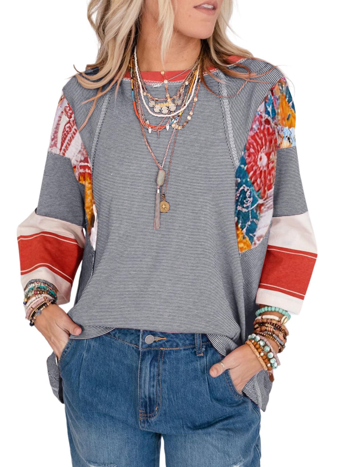 ✨Women's 3/4 Length Sleeve Oversized Striped Patchwork Shirts(buy 2 free shipping)