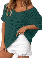 ✨Womens Summer V Neck Short Sleeve Button Down Sweater Casual Crochet Hollow Out Knit Tops Beach Coverup (Buy 2 Free Shipping!!!)
