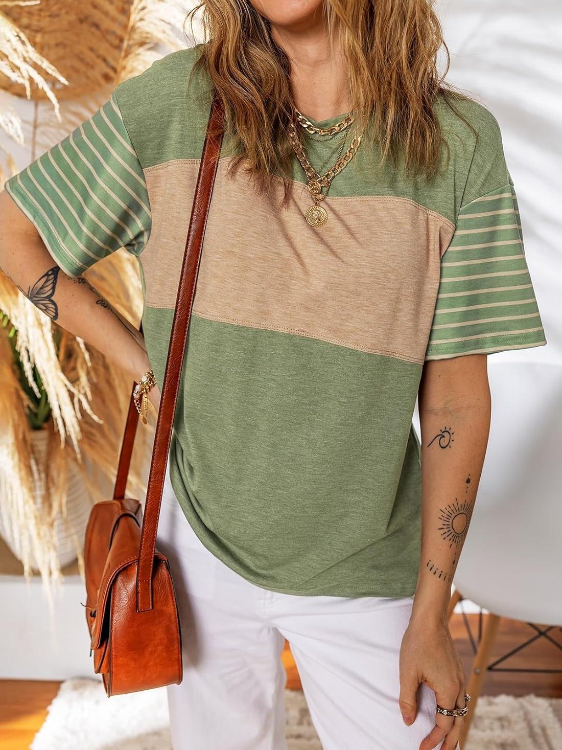 ✨Womens Oversized Crewneck Casual Color Block Striped Shirts Blouses(Buy 3 Free Shipping)